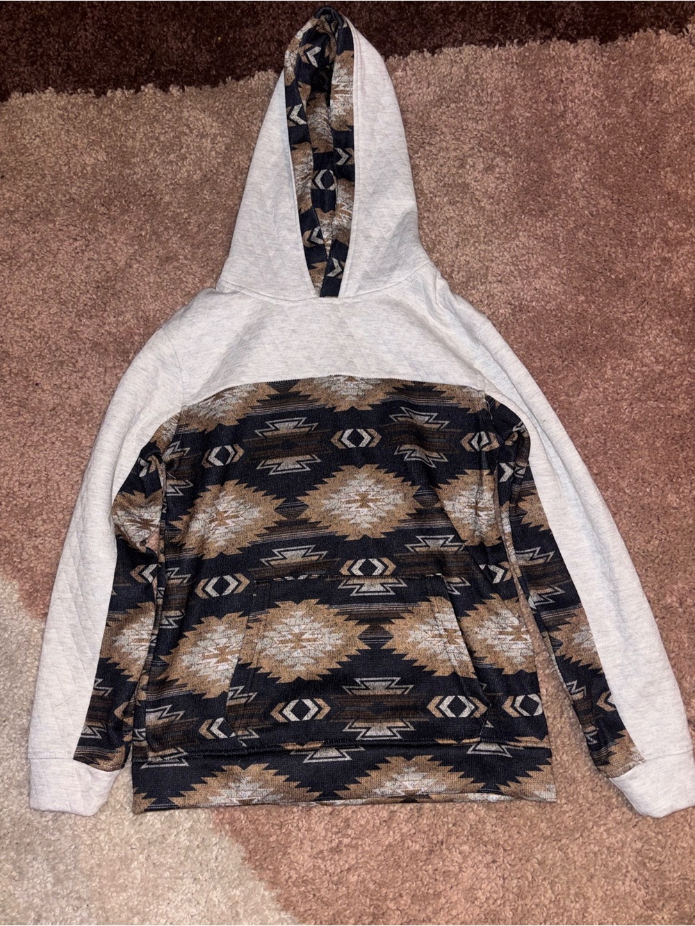Boys Hooded Pullover Sweater in Cream and Brown Aztec Print